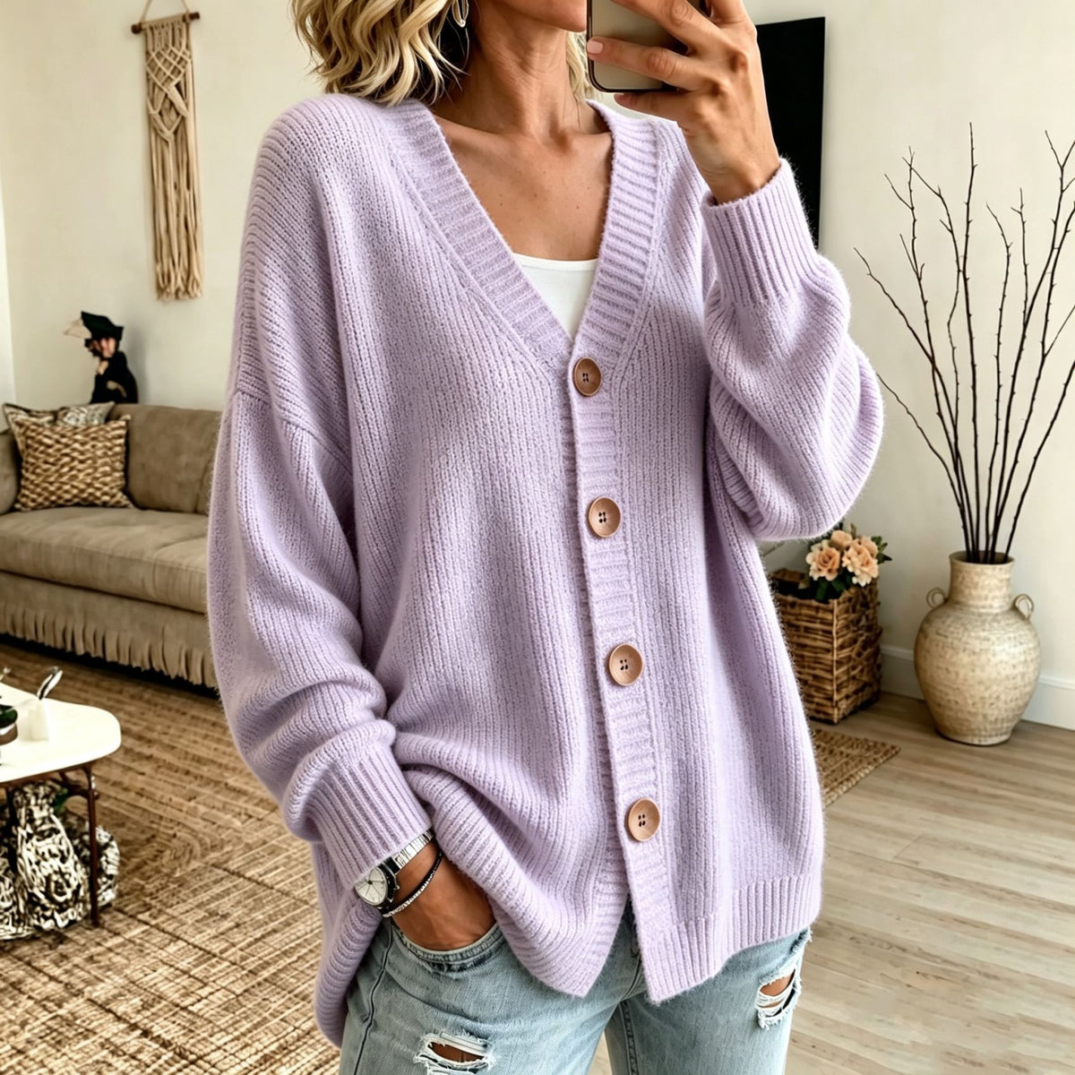 A woman wearing a light lavender ribbed knit cardigan with brown buttons, styled with distressed light blue jeans in a cozy living room setting.