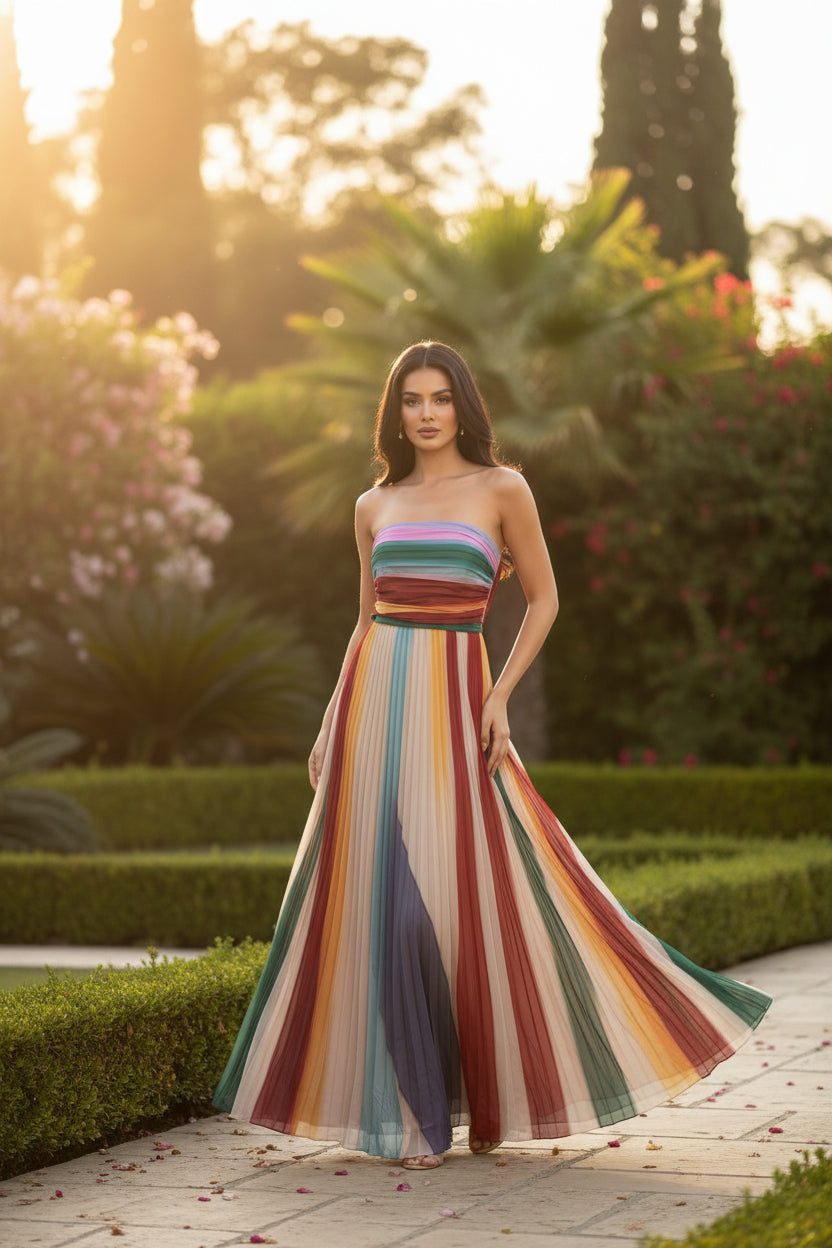 Multicolored striped dress on a mannequin against a white background