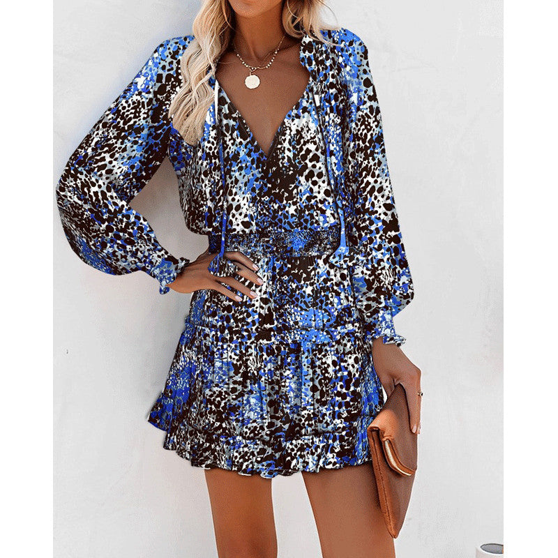 Floral Print Puff Sleeve Long Sleeve Dress – Fashion Patchwork Waist Tie Women's Clothing