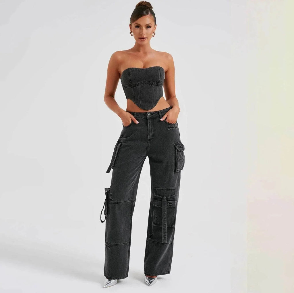 Low Waist Tube Top & Pocket Jeans Suit – Trendy Fit - ZA-Zola