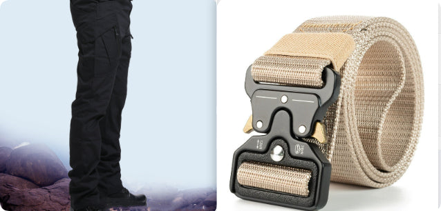 Beige tactical belt with black buckle on a white background