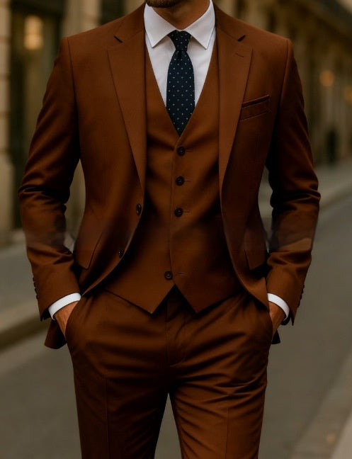 Man wearing a brown suit with a blurred background
