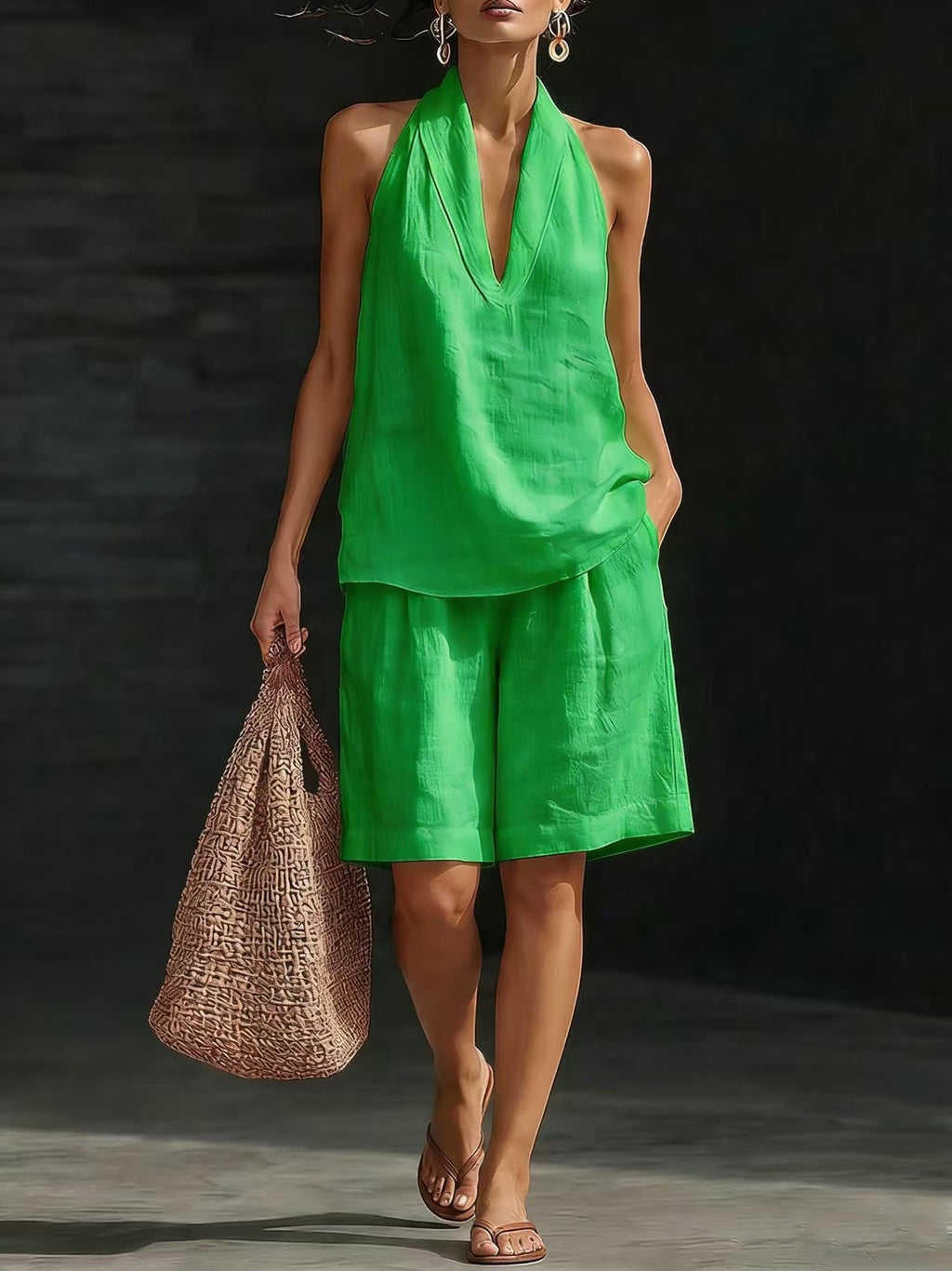 Woman wearing a bright green outfit holding a woven bag against a dark background