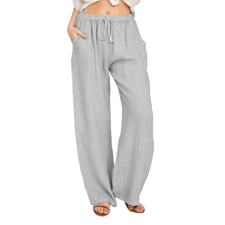Gray wide-leg pants with a drawstring waist on a white background