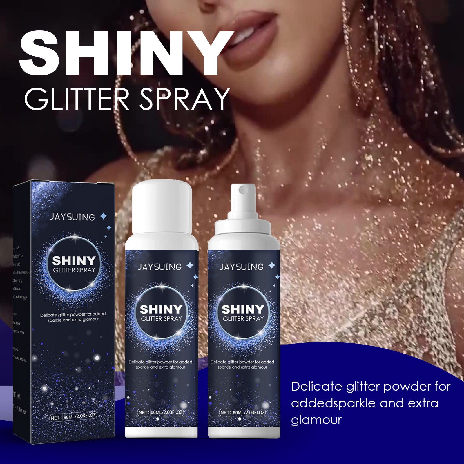 Shiny glitter spray products with packaging and a model wearing glitter on a dark background