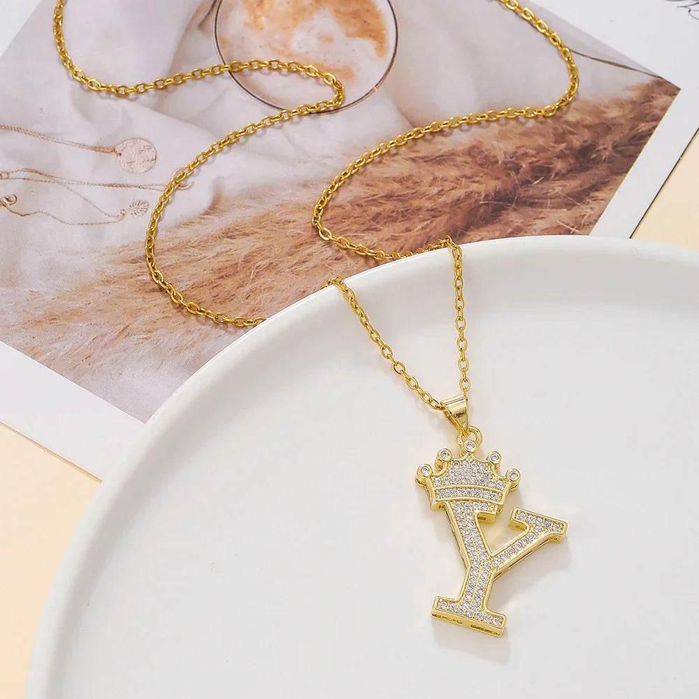Gold Crown Initial Pendant Necklace for Daily Wear - ZA-Zola
