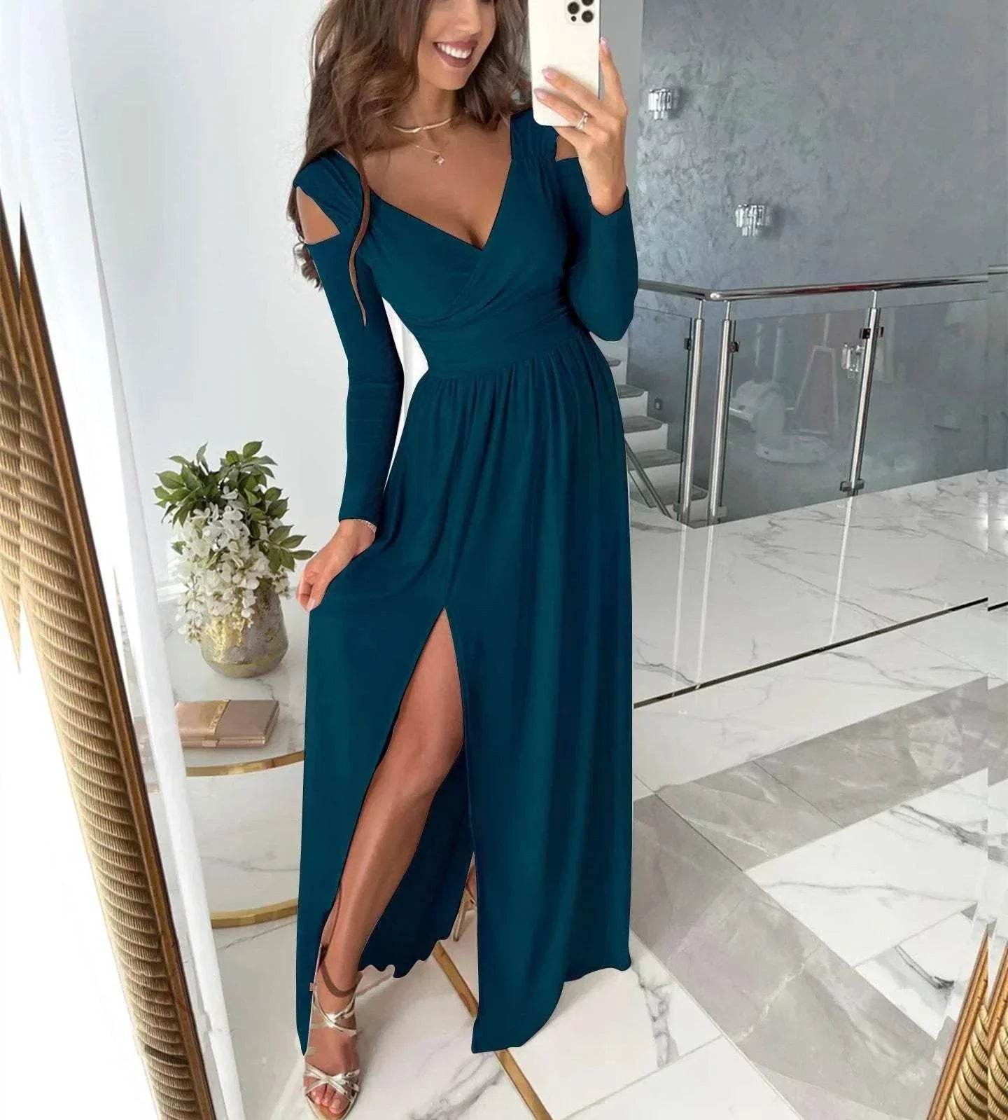 V-Neck Long Sleeve Slit Dress – Elegant & Modern - ZA-Zola
