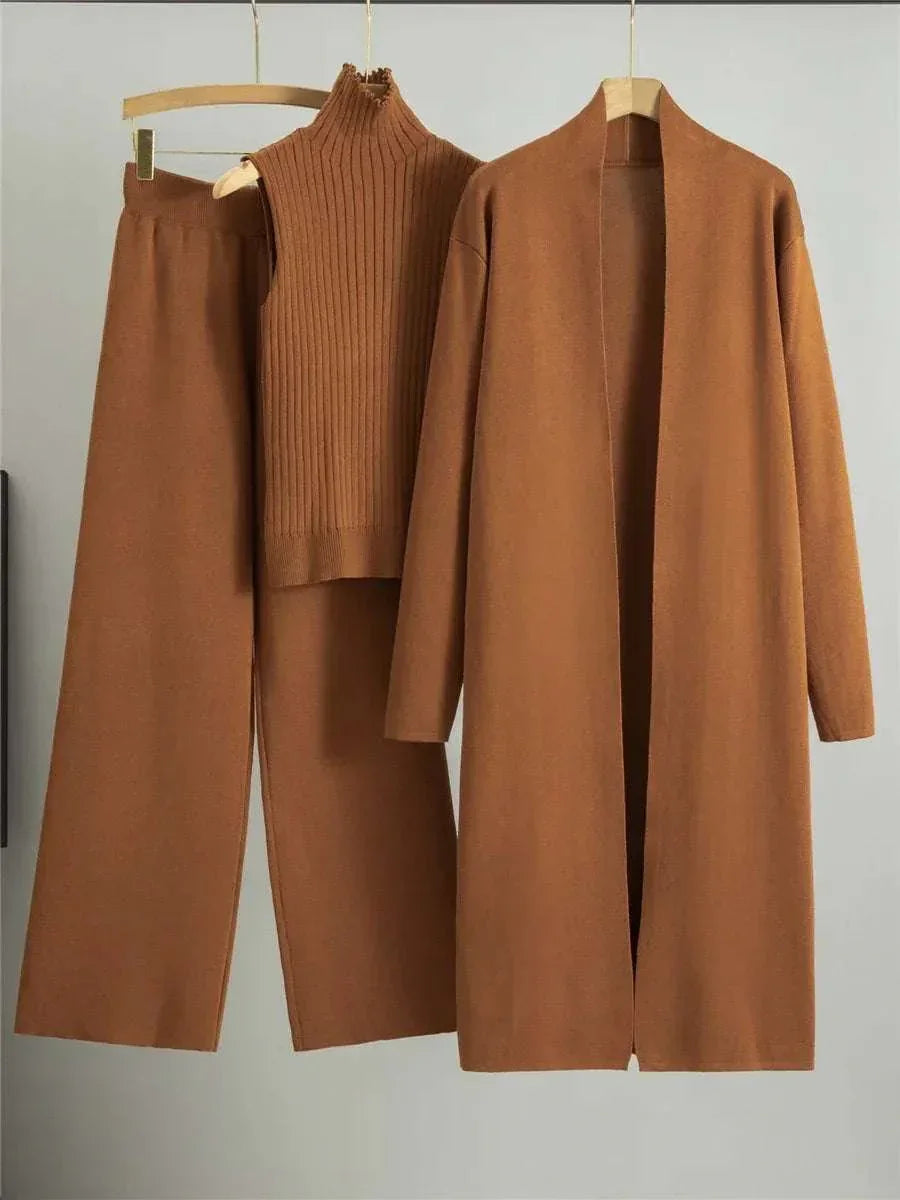 Women Knitted Three Piece Set – Stylish Vest, Cardigan & Pants Outfit - ZA-Zola