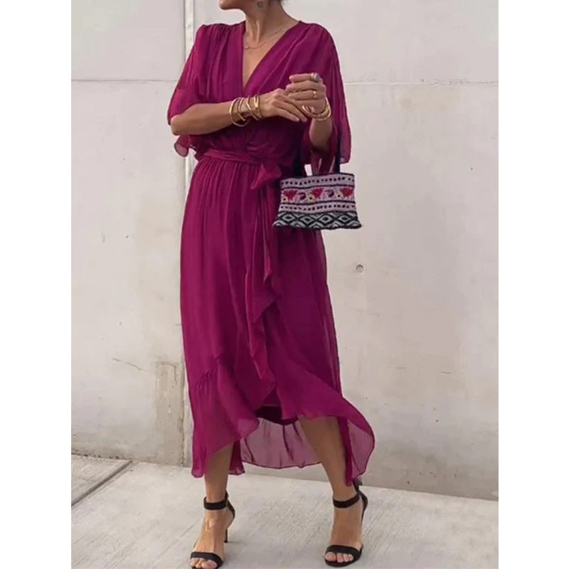 Batwing Sleeve V Neck Irregular Summer Dress Women Pure Color Tied Long Flowing Elegant Casual Womens Clothing