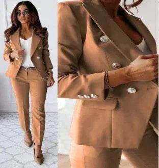 Woman wearing a stylish camel blazer and pants suit from ZA-Zola UK fashion collection
