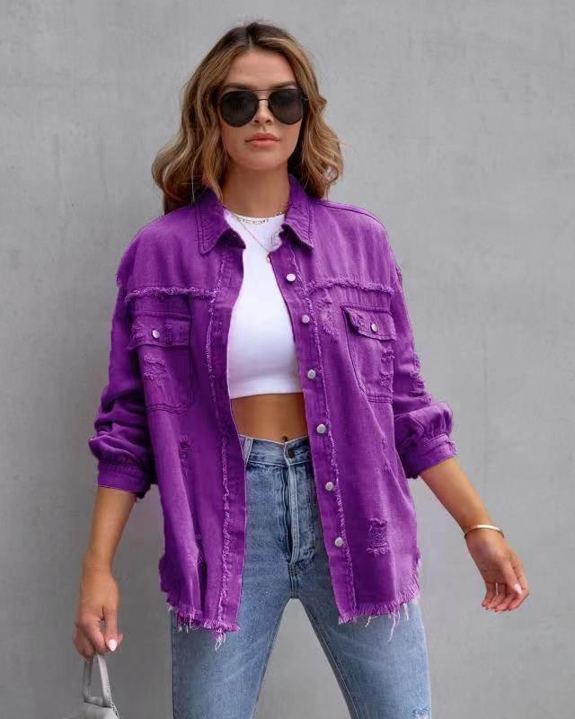 Women’s Ripped Shirt Jacket – Casual Mid-Length - ZA-Zola