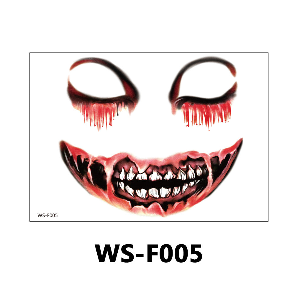 A Halloween-style mask or sticker design on a white background, showing a wide grin with sharp black teeth and dripping red around the eye areas. Small text reads WS-F005 near the lower left of the design, with larger WS-F005 text below the square artwork.