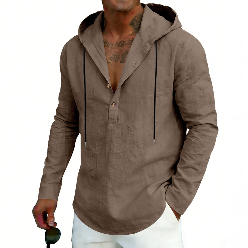 Man wearing a brown hooded shirt with a white background