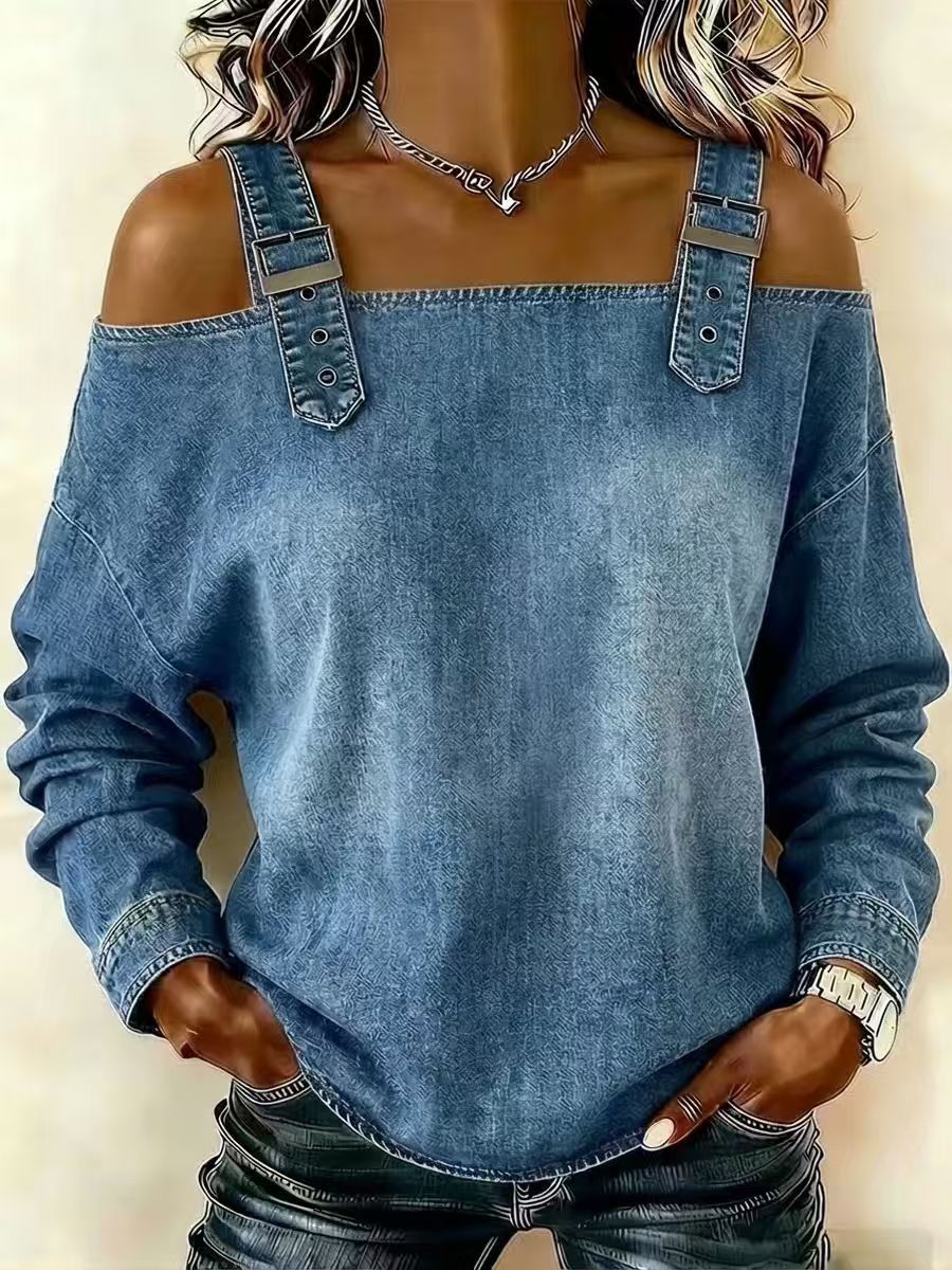 【人気完売商品】M.Y.O.B❤️DENIM OFF SHOULDER TOPS Women's Off-Shoulder Long Sleeve Denim Top Casual – ZA-Zola