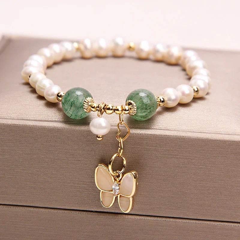 Freshwater Pearl & Strawberry Quartz Butterfly Bracelet - ZA-Zola
