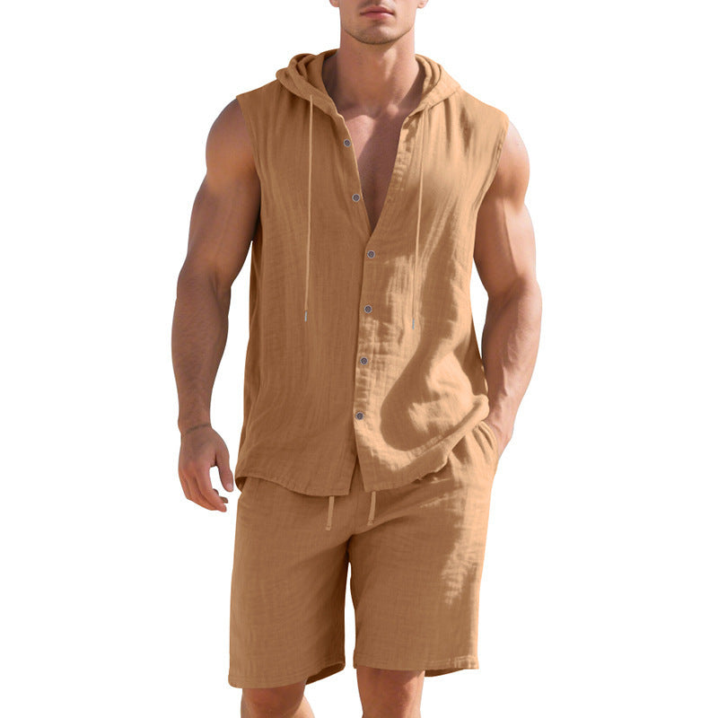 Man wearing a tan sleeveless shirt and shorts set on a white background