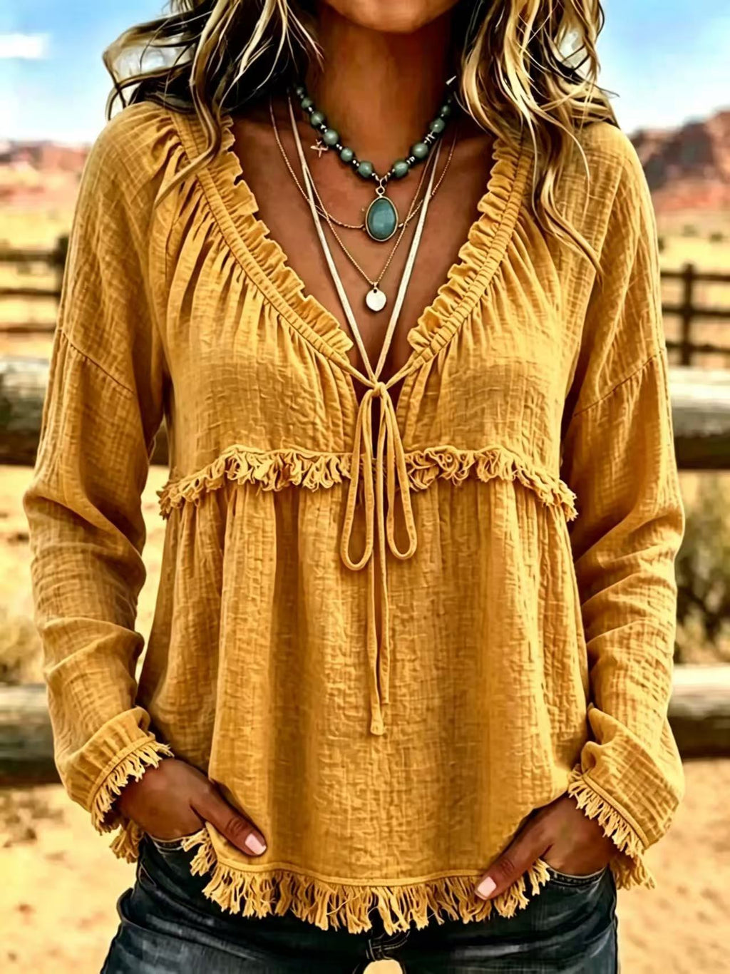 V-Neck Turtleneck Long Sleeve Top – Solid Color Tee
