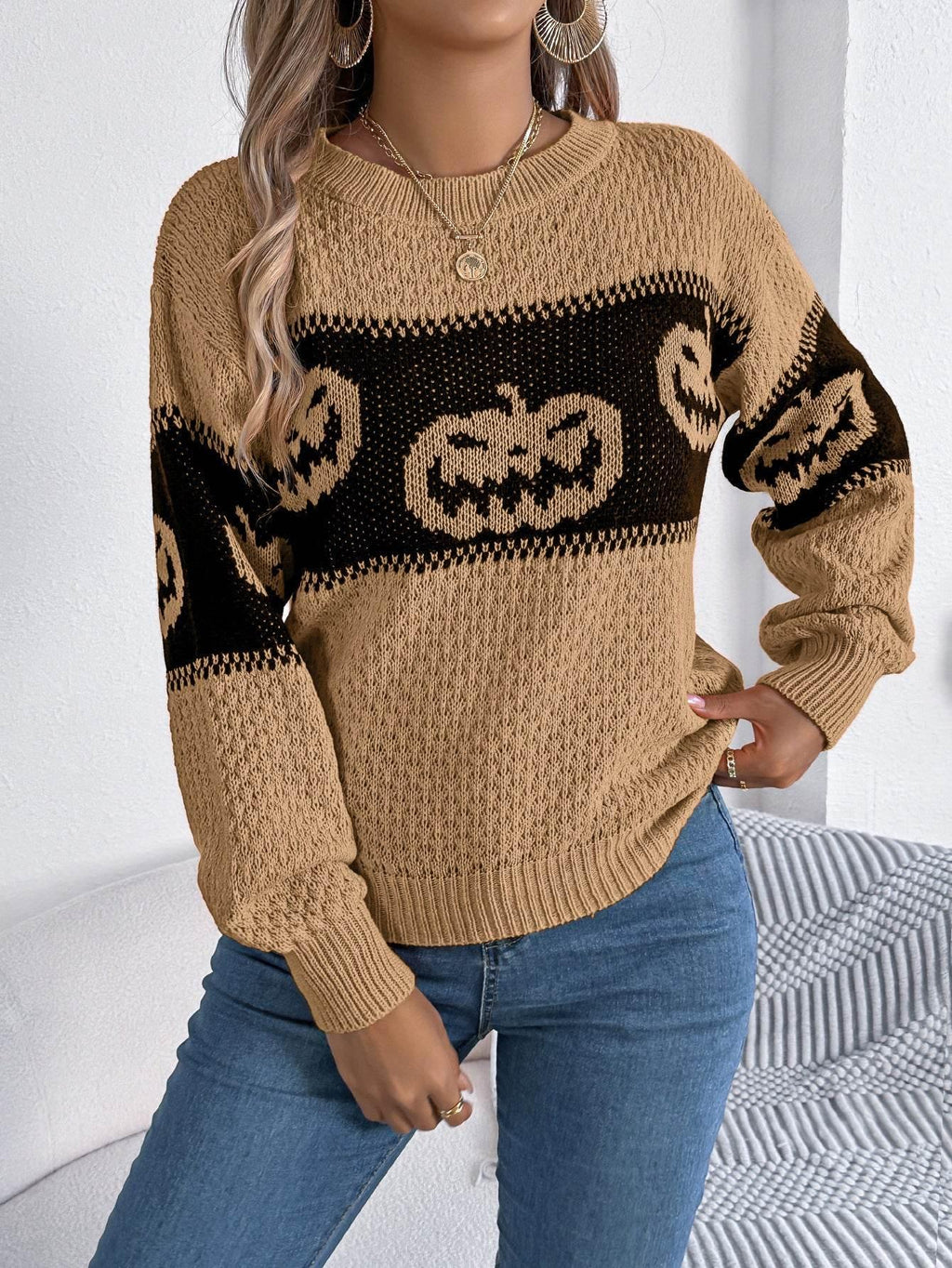 ZA-Zola Women’s Halloween Pumpkin Pullover Sweater - ZA-Zola