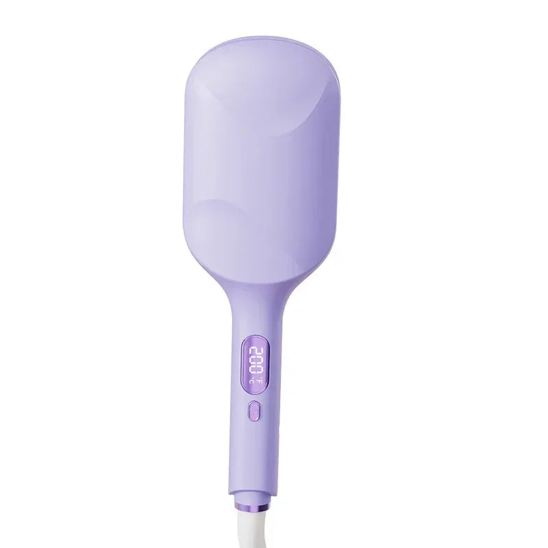 Purple electric hair straightening brush with digital temperature display on white background