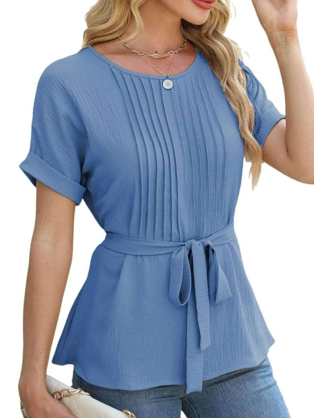 Ruffled Pleated Round Neck Short Sleeve Shirt - ZA-Zola