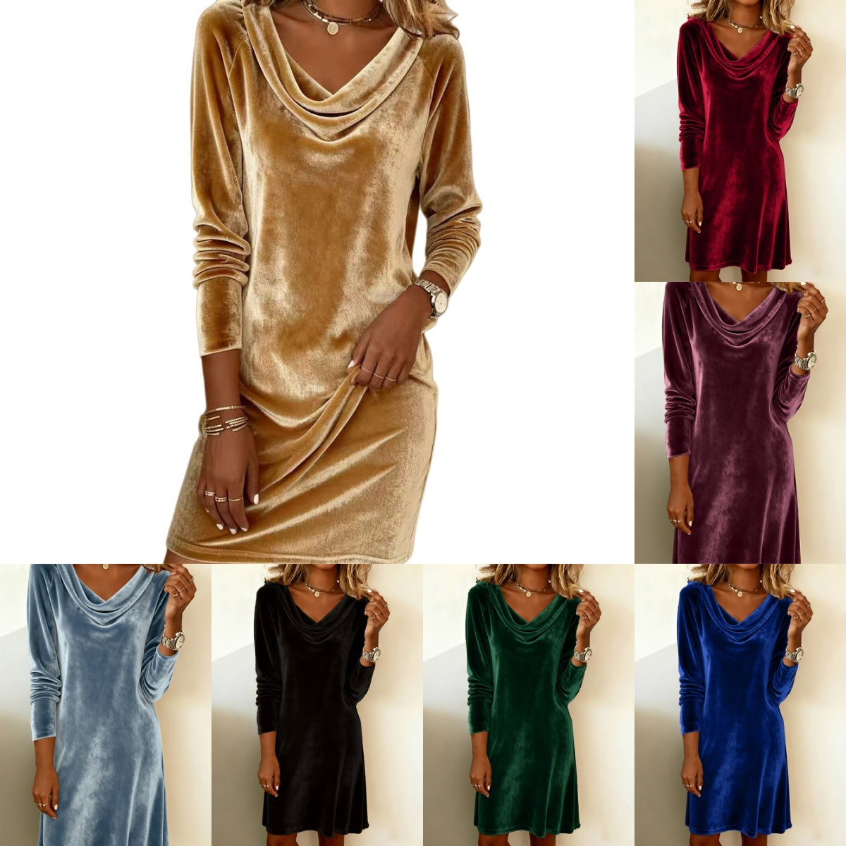 A collage showing a women's long-sleeve cowl-neck velvet dress in multiple colors, including tan, burgundy, purple, light blue, black, green, and royal blue. The main featured image shows the tan dress on a model against a white background.