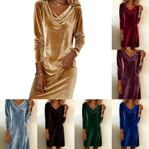 A collage showing a women's long-sleeve cowl-neck velvet dress in multiple colors, including tan, burgundy, purple, light blue, black, green, and royal blue. The main featured image shows the tan dress on a model against a white background.