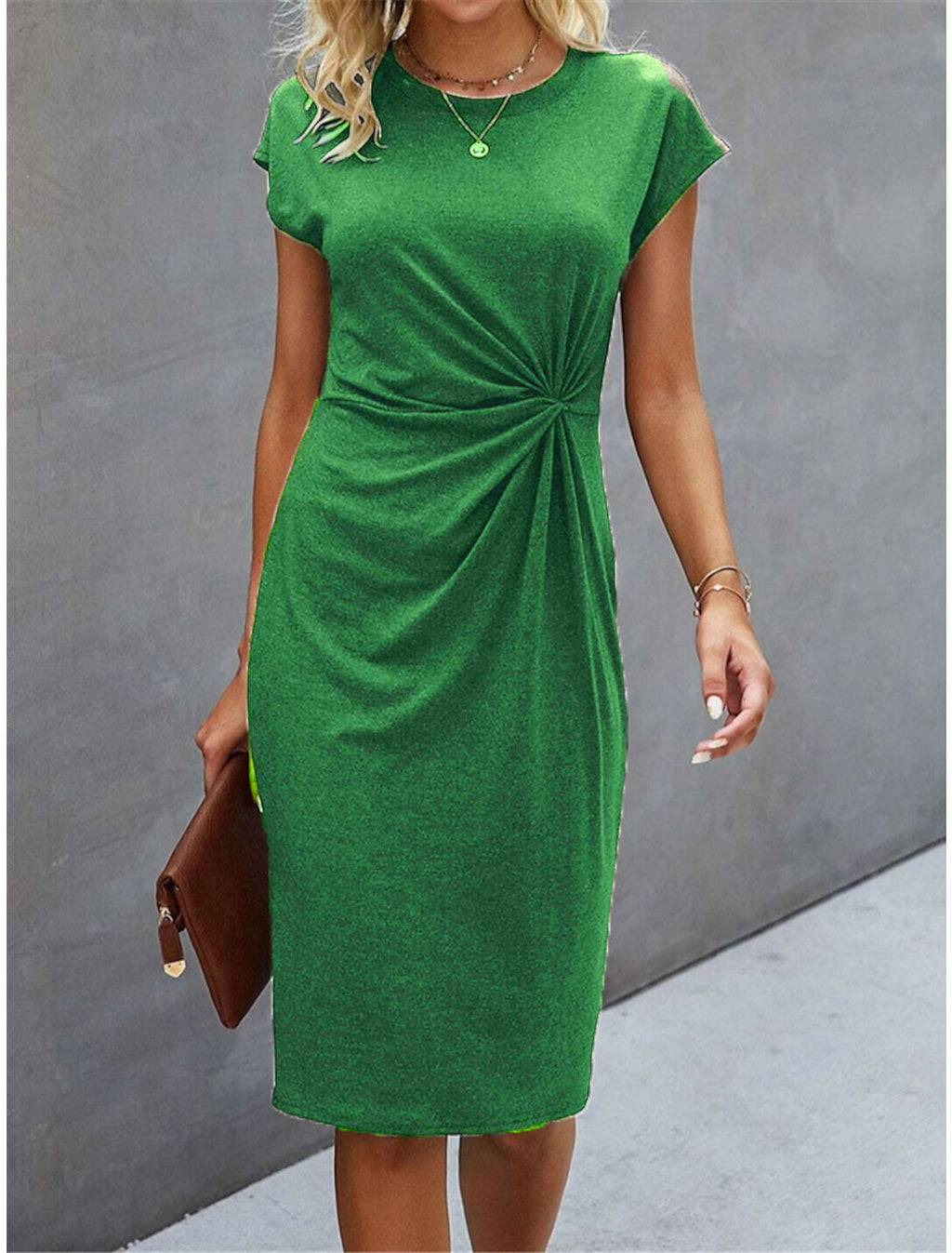 Women's Casual Front Knot Round Neck Midi Bodycon Dress