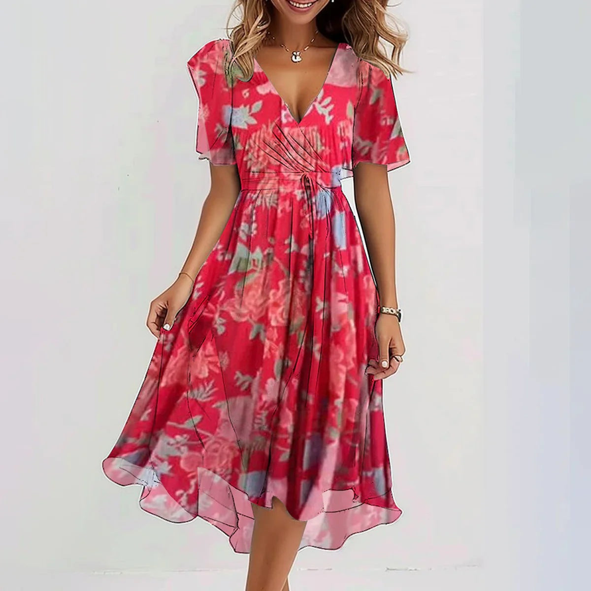 Chiffon Printed Short Sleeve V-Neck Summer Dress Elegant Women’s Midi Dress