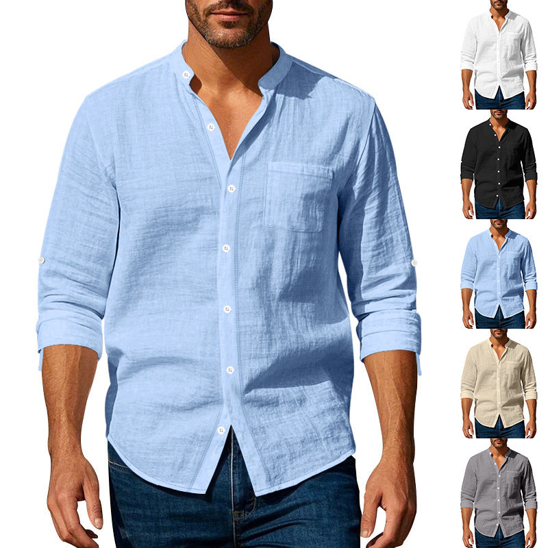 Light blue button-up shirt worn by a man with additional images of the shirt in different colors on a white background.