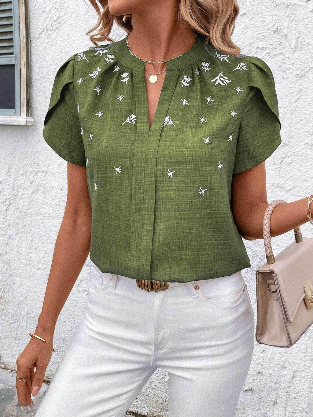Half-Open Collar Printed Short Sleeve Blouse - ZA-Zola