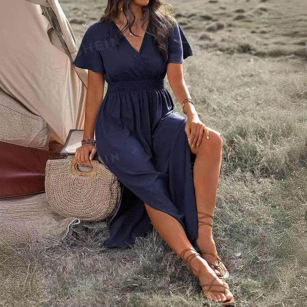 Elegant V-Neck Bell Sleeve Long Slit Dress - ZA-Zola