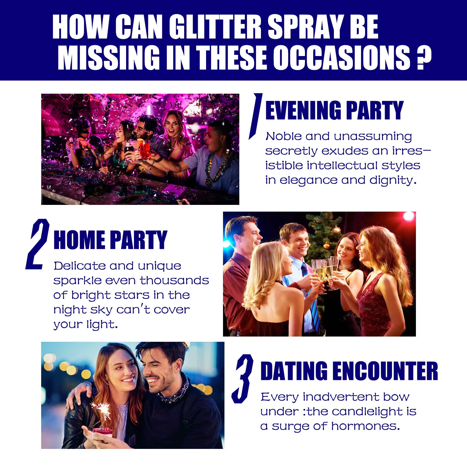 Promotional graphic about glitter spray with images of people at a party, home party, and dating encounter.