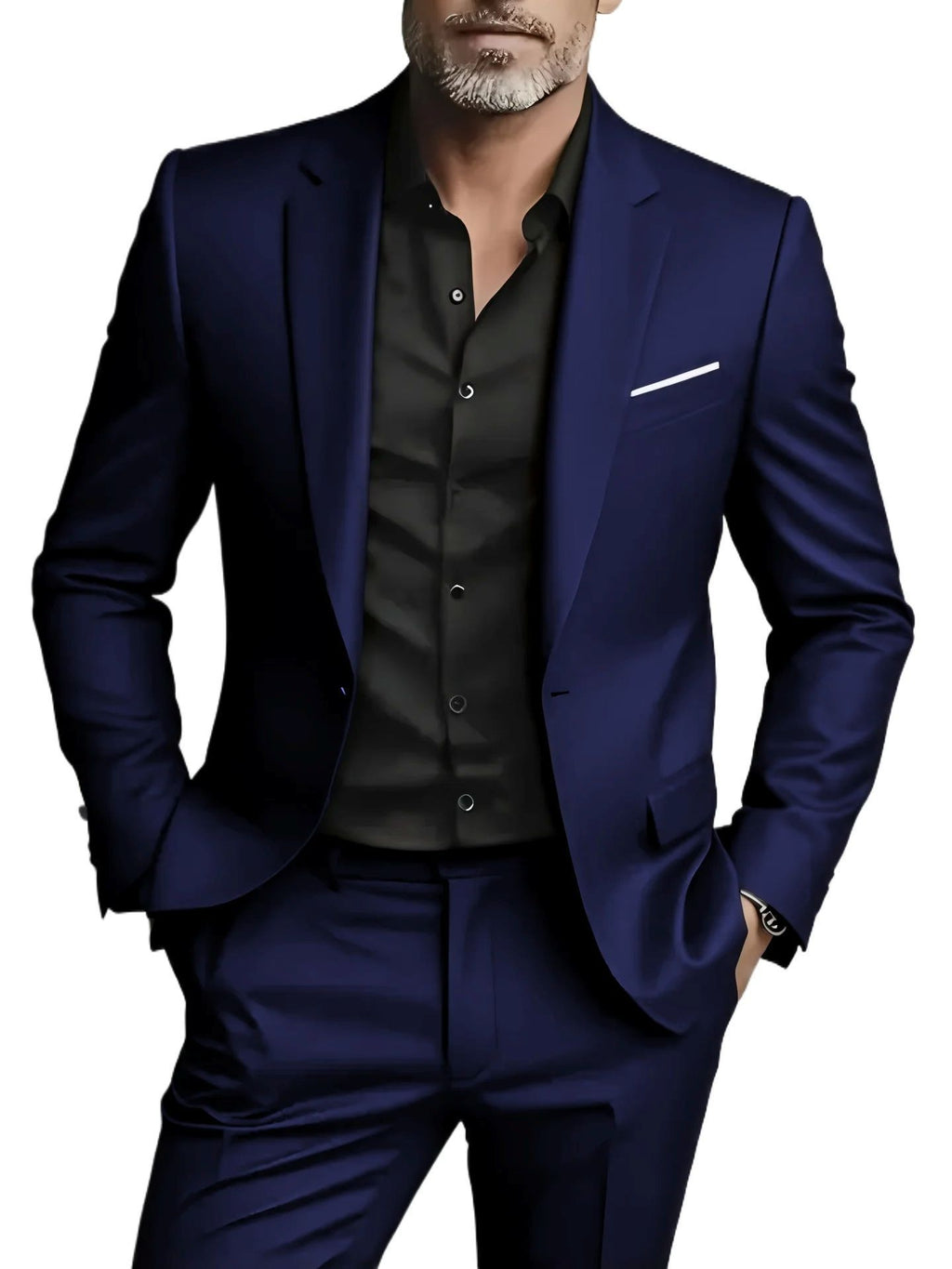 Man wearing a navy blue suit with a white background