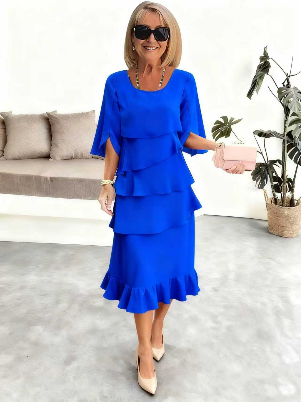 Round Neck Patchwork Cake Skirt Midi Dress for Women