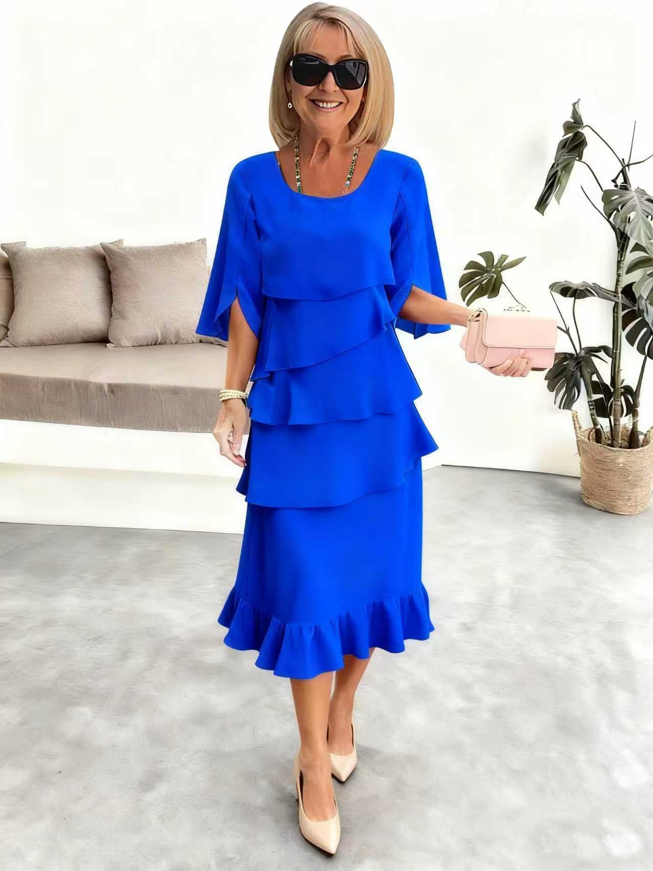 Round Neck Patchwork Cake Skirt Midi Dress for Women