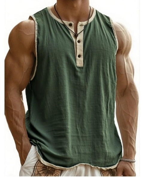 Green sleeveless shirt with beige trim worn by a muscular person on a white background