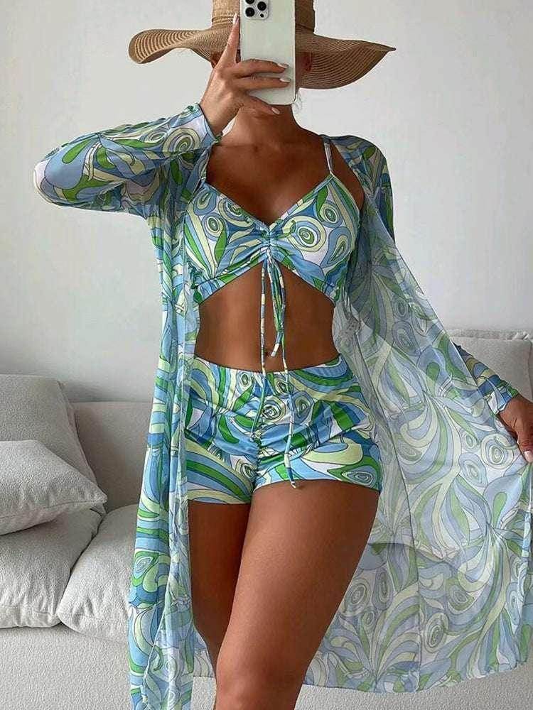 Floral Bikini Set with Long Sleeve Cardigan | ZA-Zola - ZA-Zola