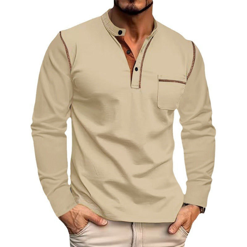 Beige long-sleeve shirt with brown stitching on a white background