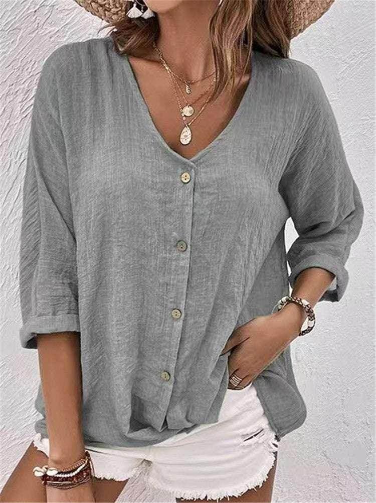 Casual V-Neck Button Top – Loose Fit for Women - ZA-Zola