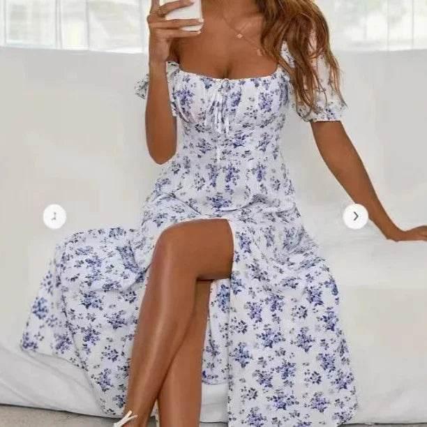 Floral Split Maxi Dress with Lace-Up Waist - ZA-Zola