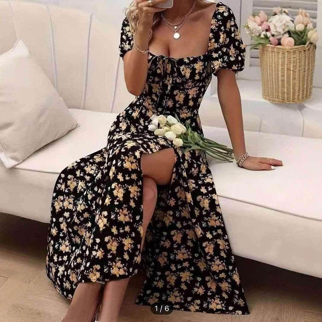 Floral Split Maxi Dress with Lace-Up Waist - ZA-Zola
