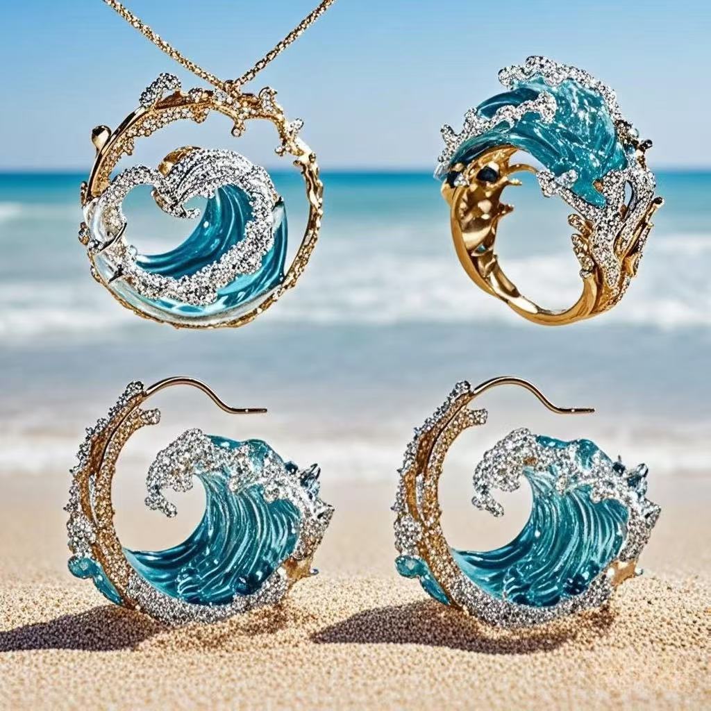 Jewelry set with wave designs on a beach background