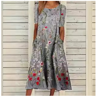 Women’s Casual Cotton Linen Short Sleeve Pocket Dress