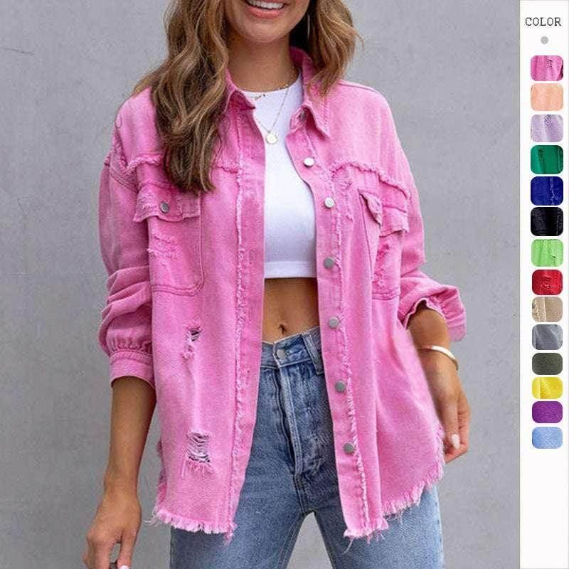 Women’s Ripped Shirt Jacket – Casual Mid-Length - ZA-Zola