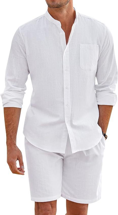 Man wearing a white button-up shirt and shorts on a white background