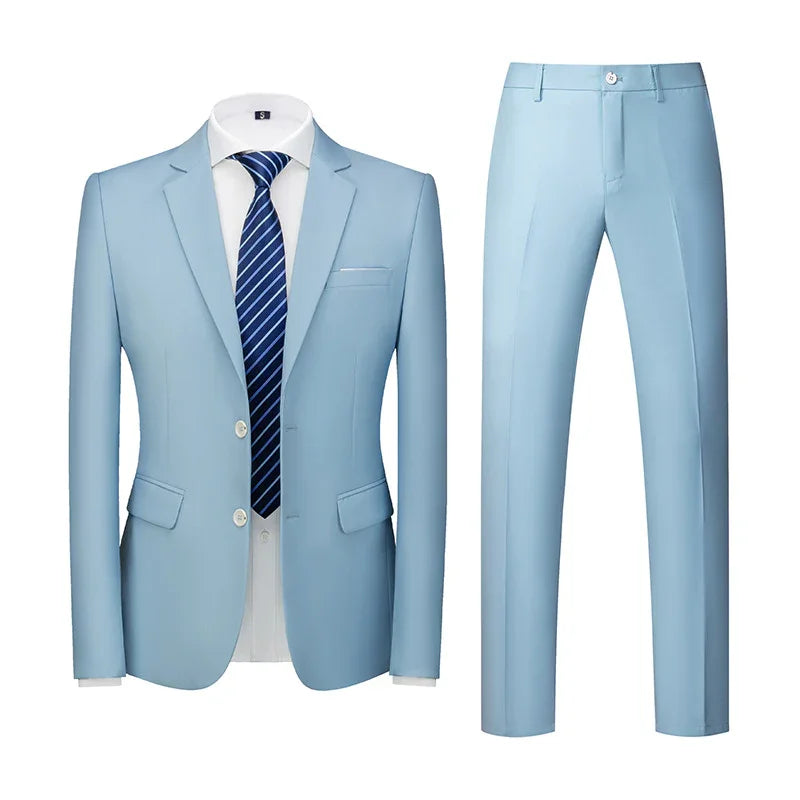 Light blue suit jacket, white shirt, and pants with a striped tie on a white background