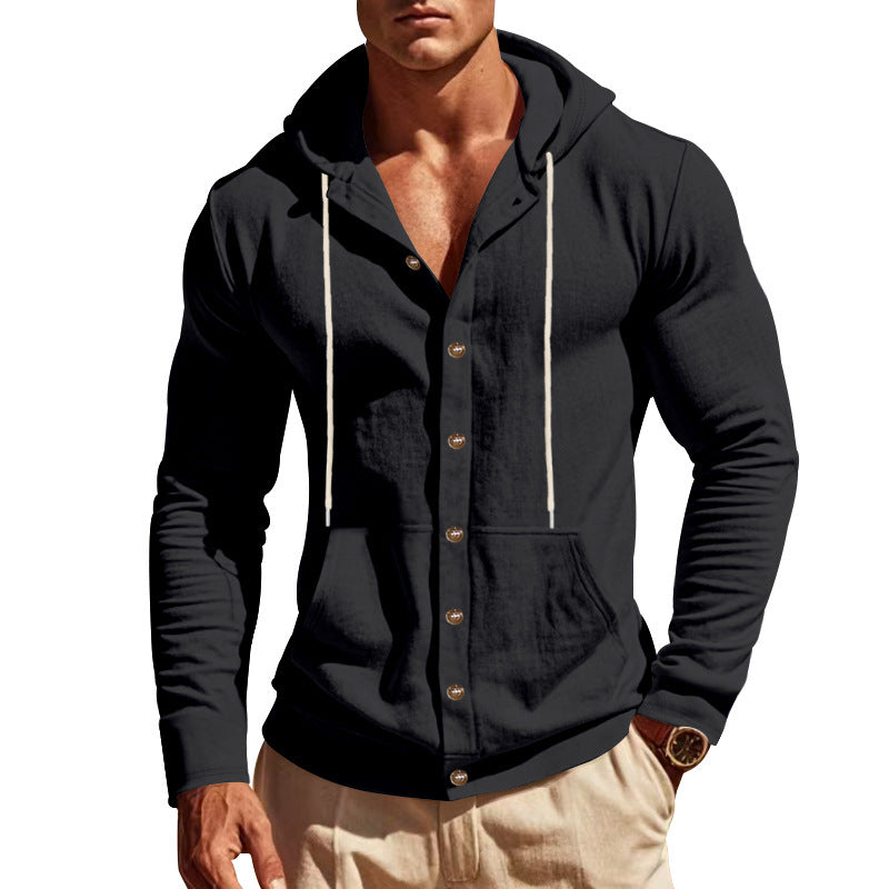 Black hooded jacket worn by a person on a white background
