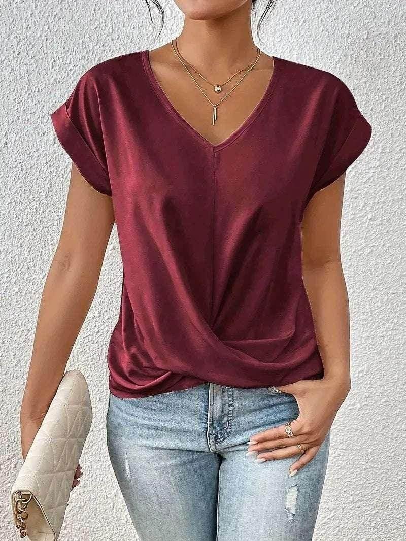 V-Neck Irregular Knot Summer T-Shirt for Women - ZA-Zola