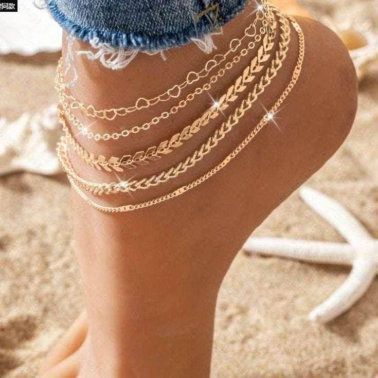 Boho Anklet Set – 5pcs Airplane & Heart Chain Layered Anklets - ZA-Zola