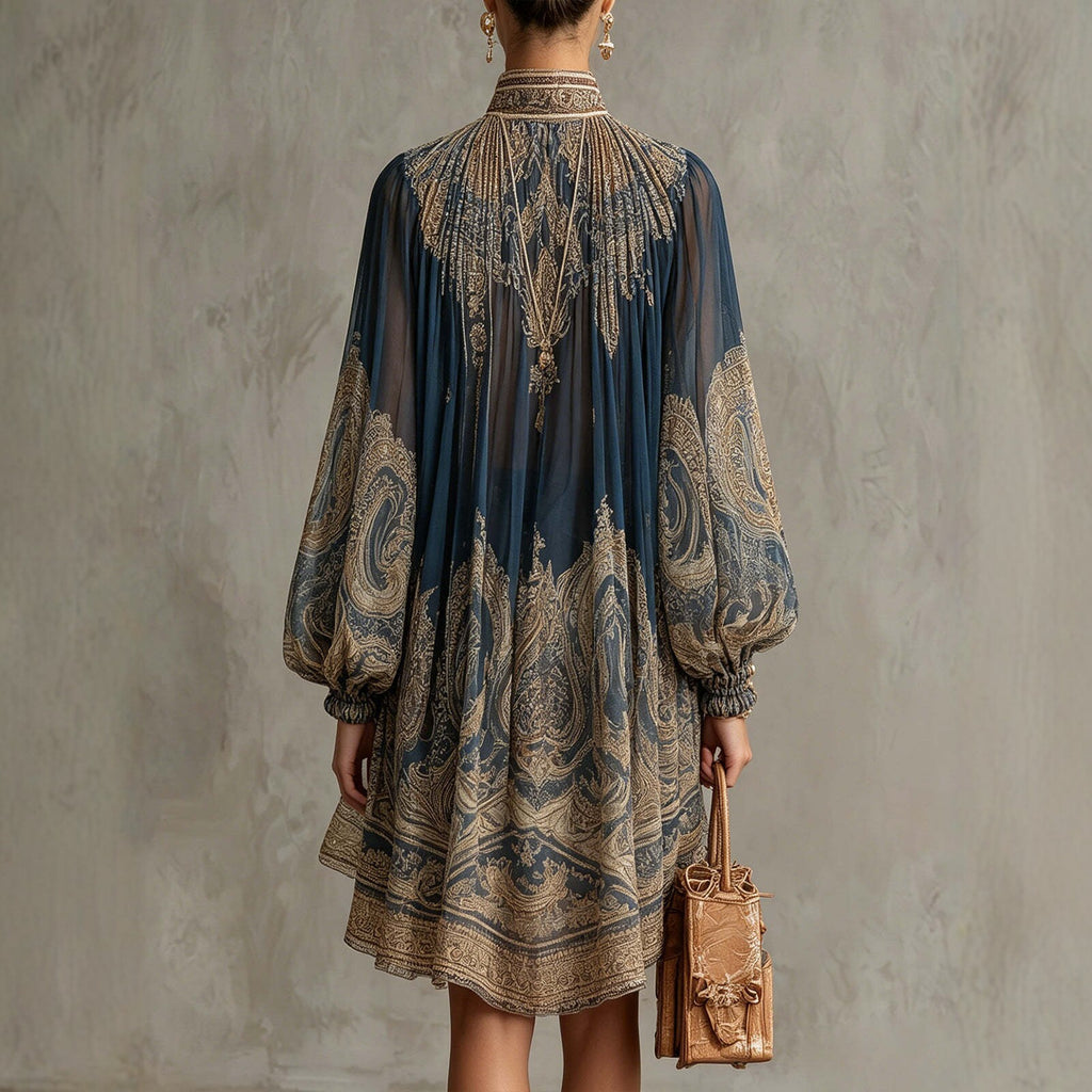 Woman wearing a patterned dress holding a bag against a textured wall.